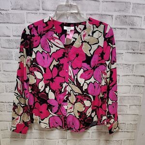 Pink Long Sleeve Buttoned Blouse with Mandarin Collar